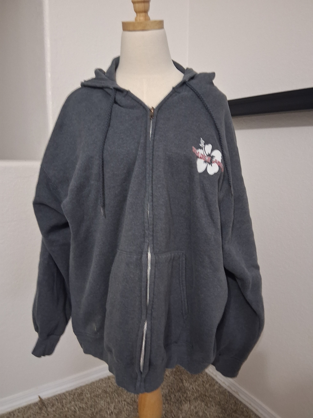 Vintage Trader Joe's Charcoal Gray Floral Accent Zip-Up Hoodie XL